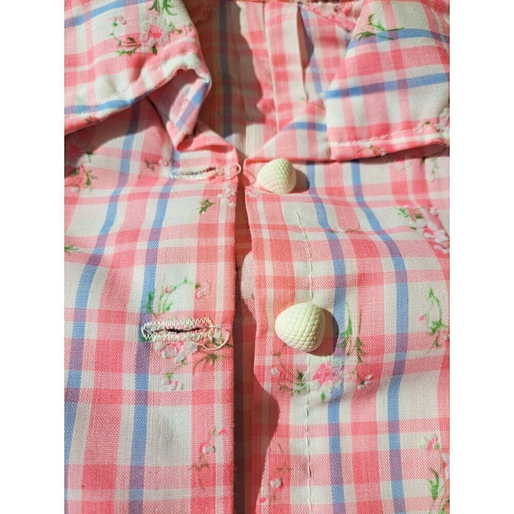 Vintage 70's Pink Plaid Button-Up Blouse Floral Print Puff Sleeves Handmade - Picture 6 of 11